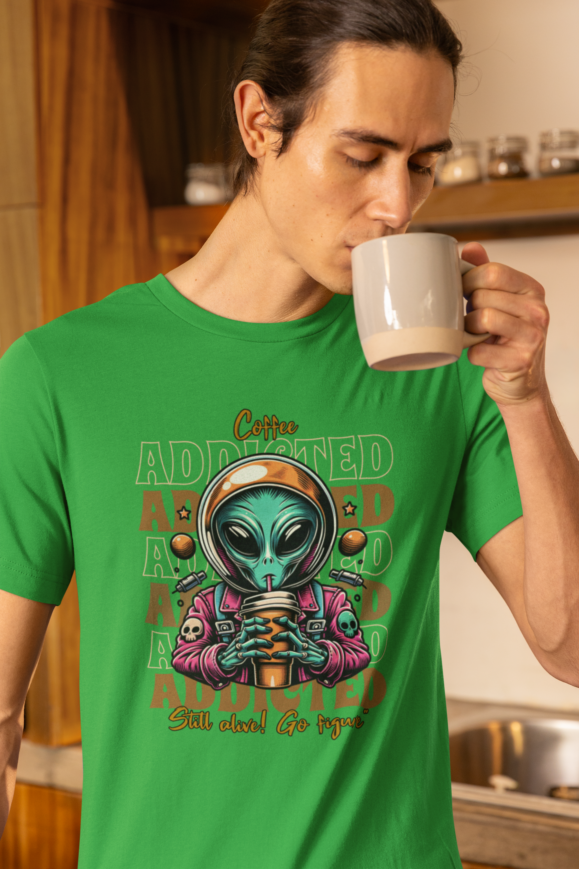 Alien Coffee Addicted T-Shirt — Funny Space Alien Coffee Tee