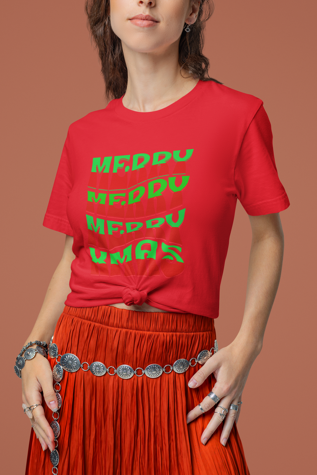 Merry Merry Merry Xmas T-Shirt — Retro Wavy Christmas Tee