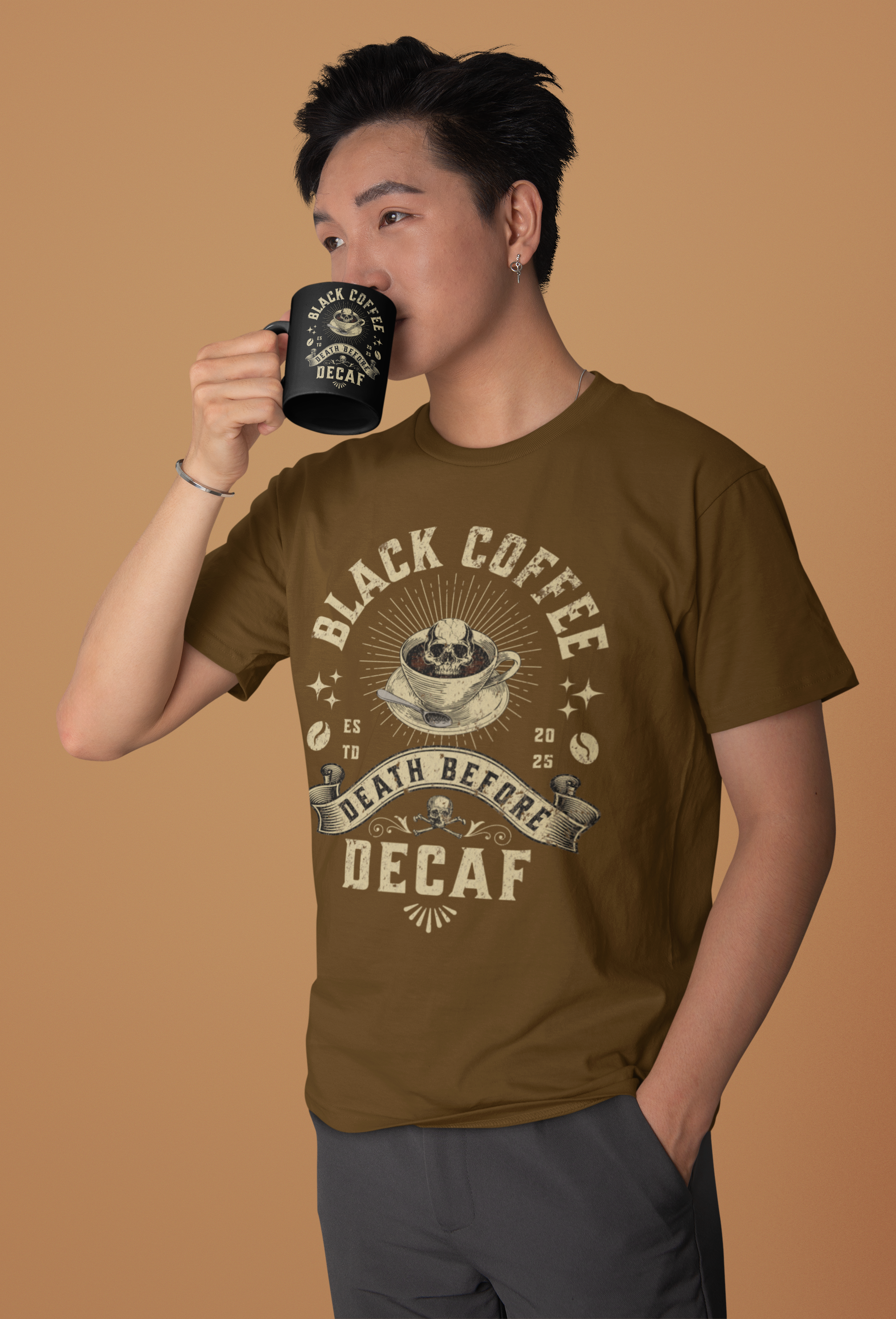 Coffee T-Shirt — "Black Coffee or Death Before Decaf" Retro Graphic Tee