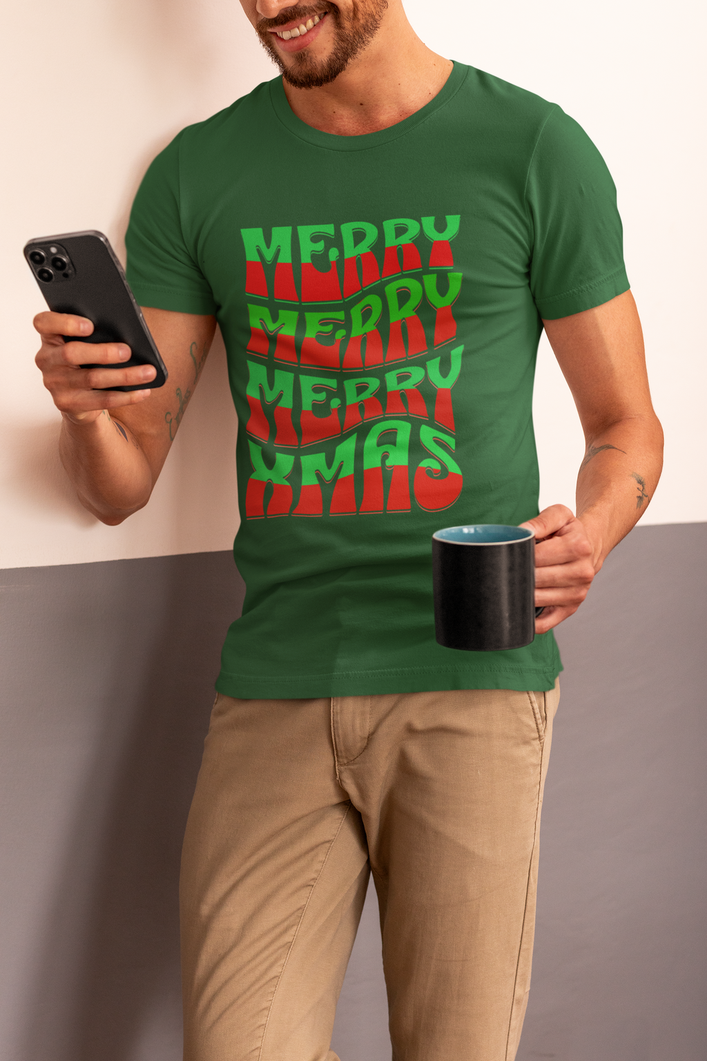 Merry Merry Merry Xmas T-Shirt — Retro Wavy Christmas Tee