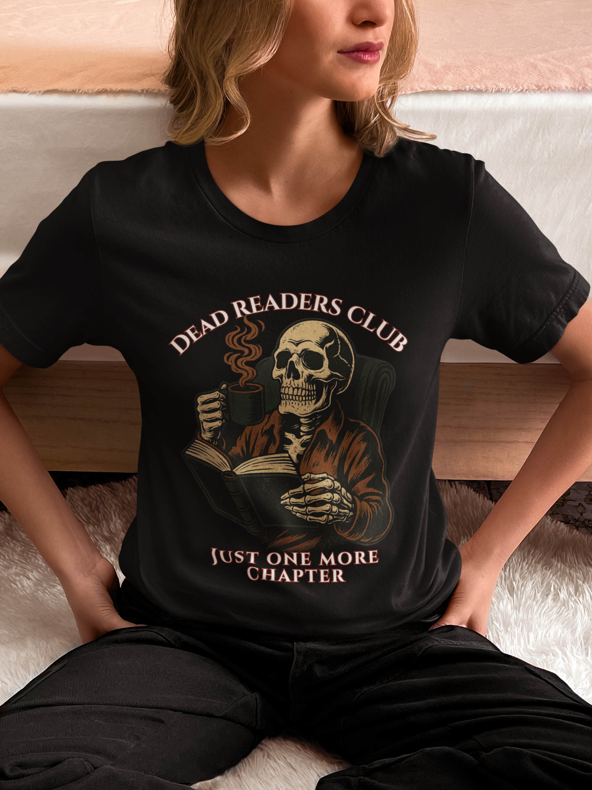 Dead Readers Club T-Shirt — 'Just One More Chapter' Skeleton Reading Tee