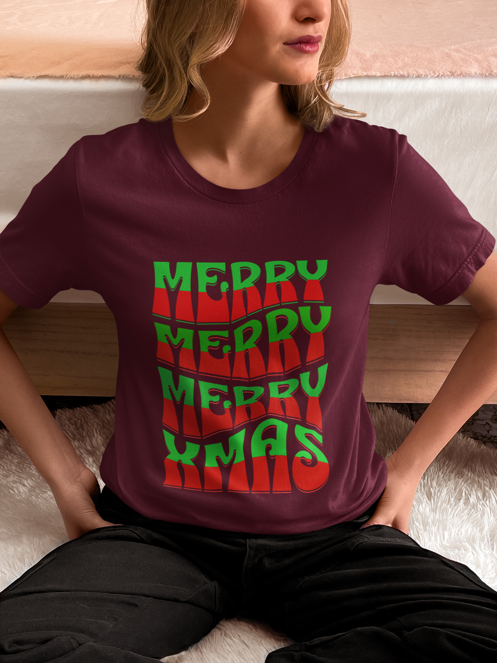 Merry Merry Merry Xmas T-Shirt — Retro Wavy Christmas Tee