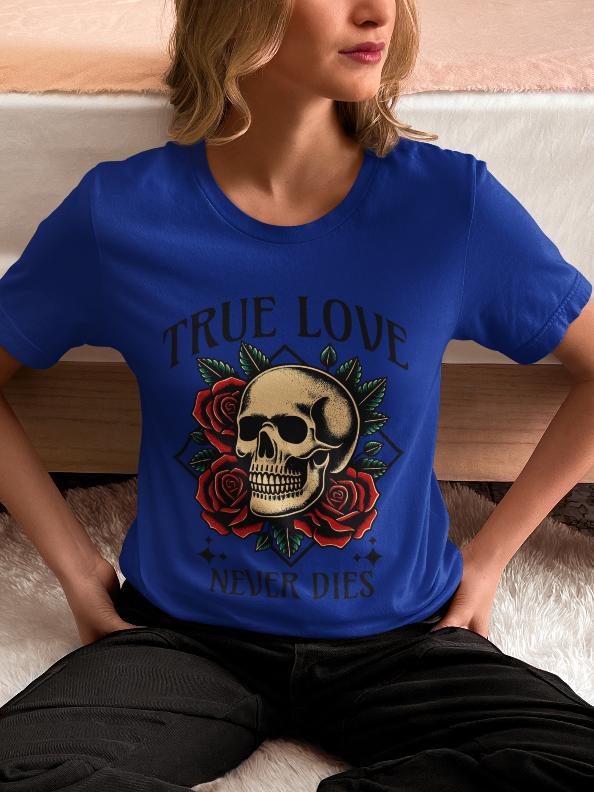 True Love Never Dies Skull Tee — Gothic Rose Graphic T-Shirt