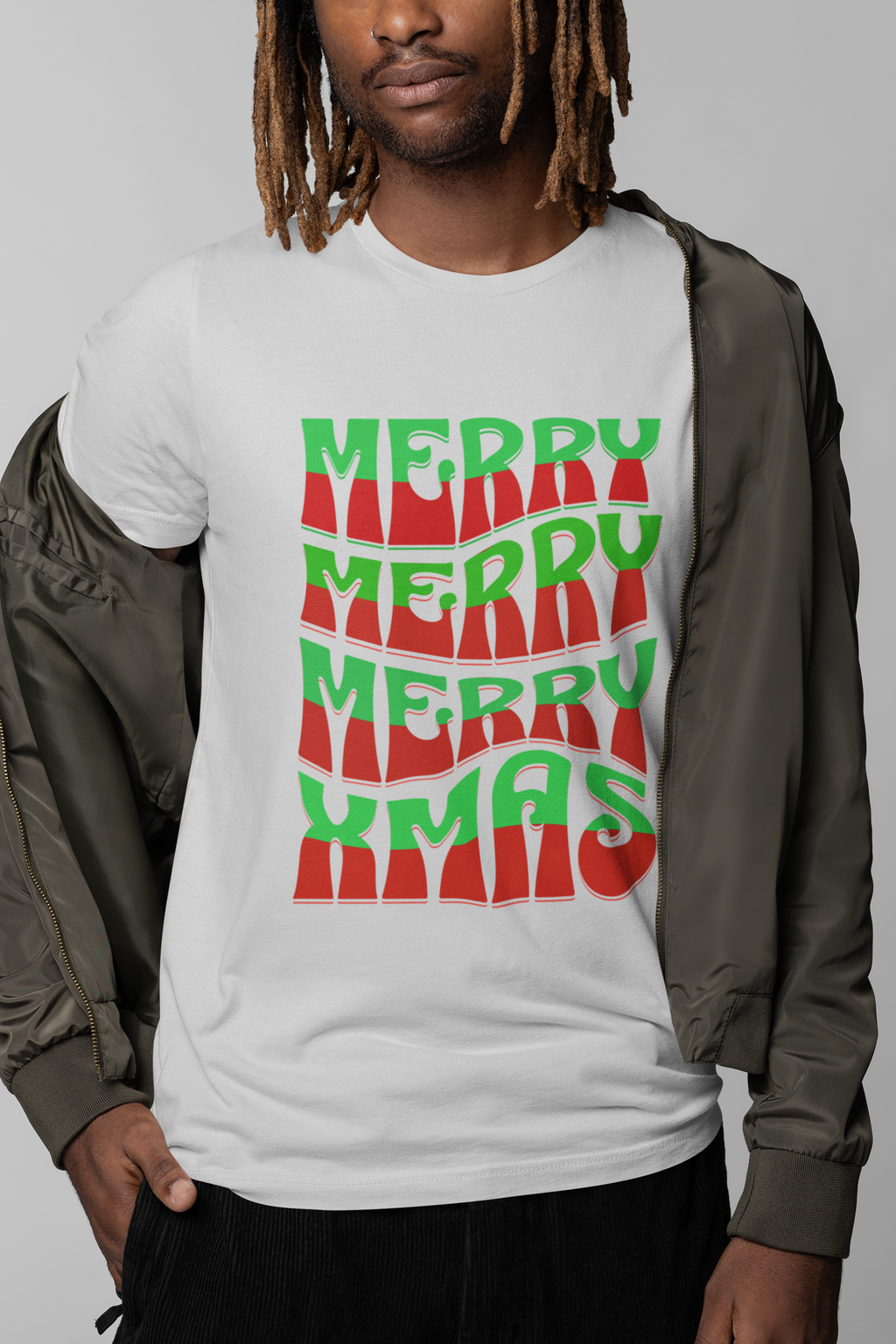 Merry Merry Merry Xmas T-Shirt — Retro Wavy Christmas Tee