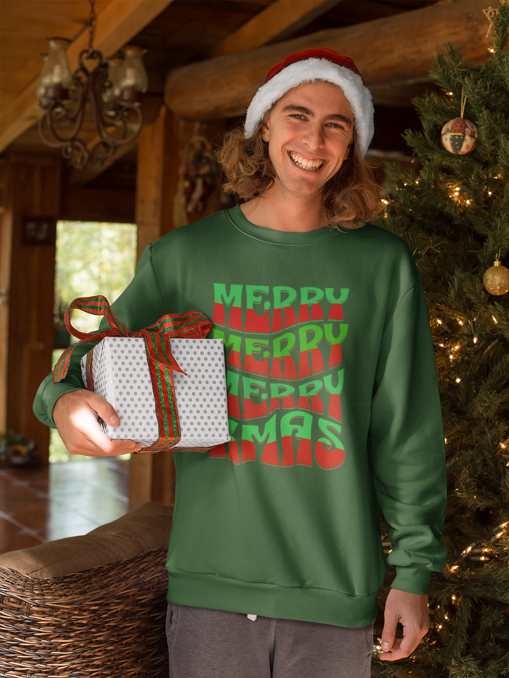 Christmas Crewneck Sweatshirt – Retro 'Merry Xmas' Red & Green Holiday Design