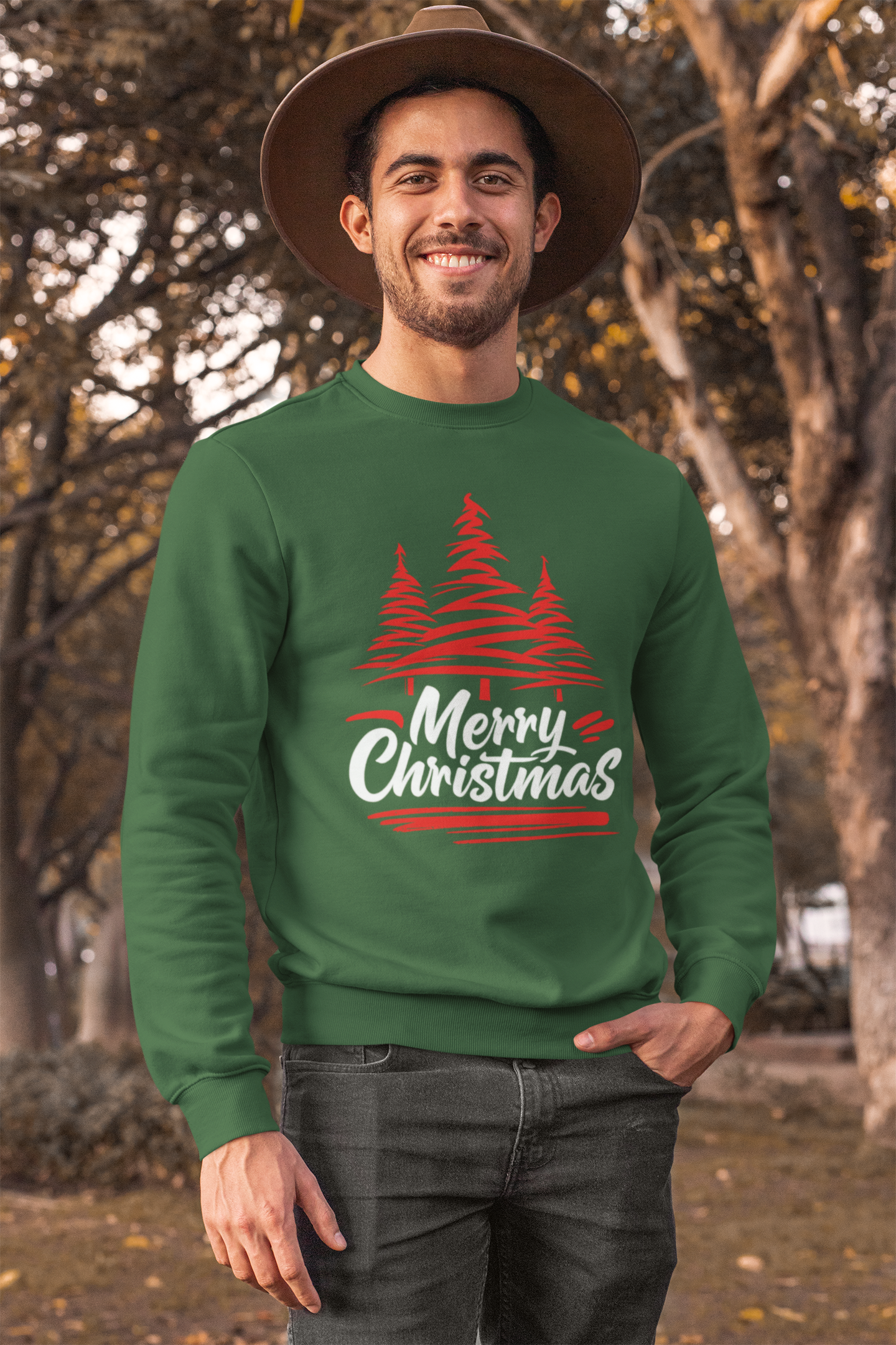 Merry Christmas Crewneck Sweatshirt — Red Tree Holiday Sweatshirt