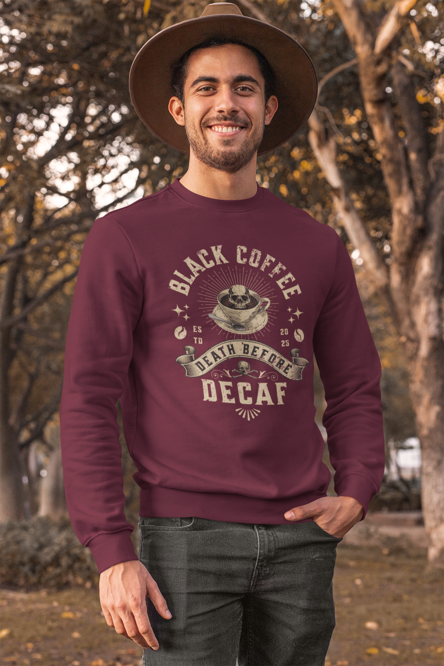 Decaf Black Coffee Crewneck Sweatshirt — Vintage Coffee Lover Pullover