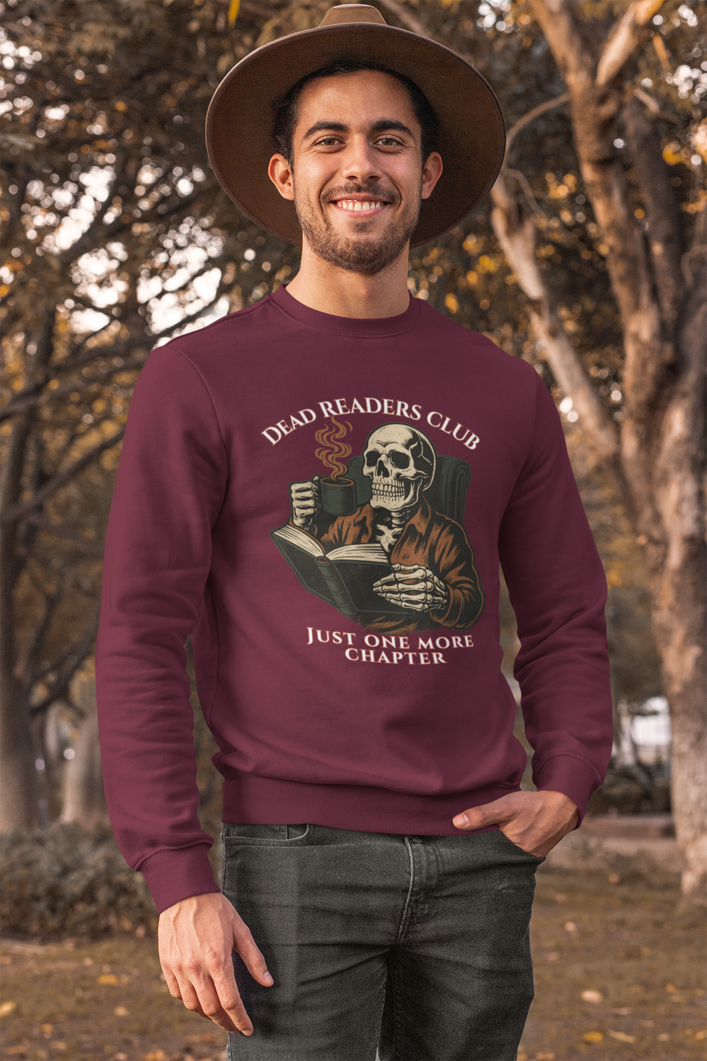Crewneck Sweatshirt — "Dead Readers Club: Just One More Chapter" Skull Book Lover Graphic