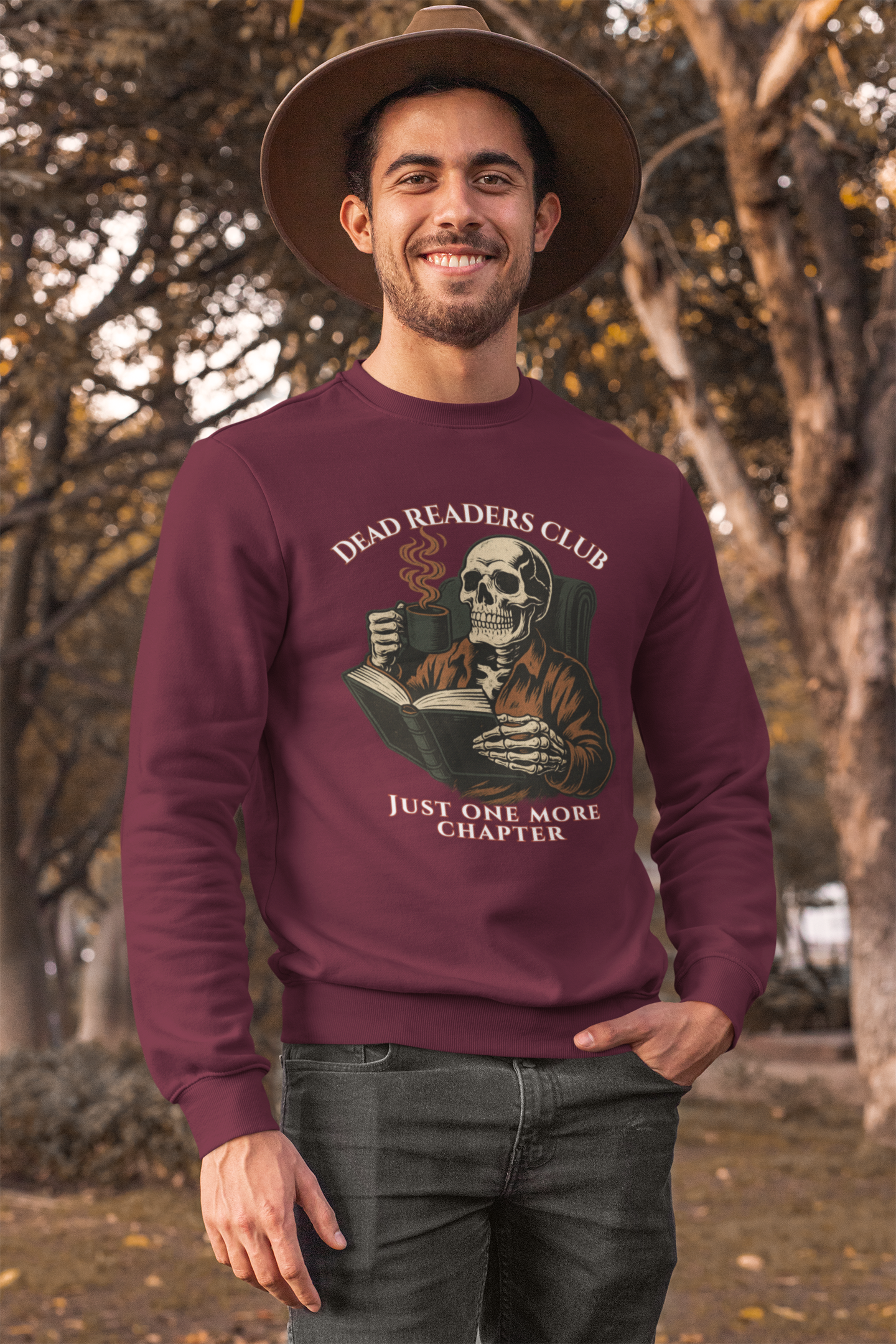 Crewneck Sweatshirt — "Dead Readers Club: Just One More Chapter" Skull Book Lover Graphic