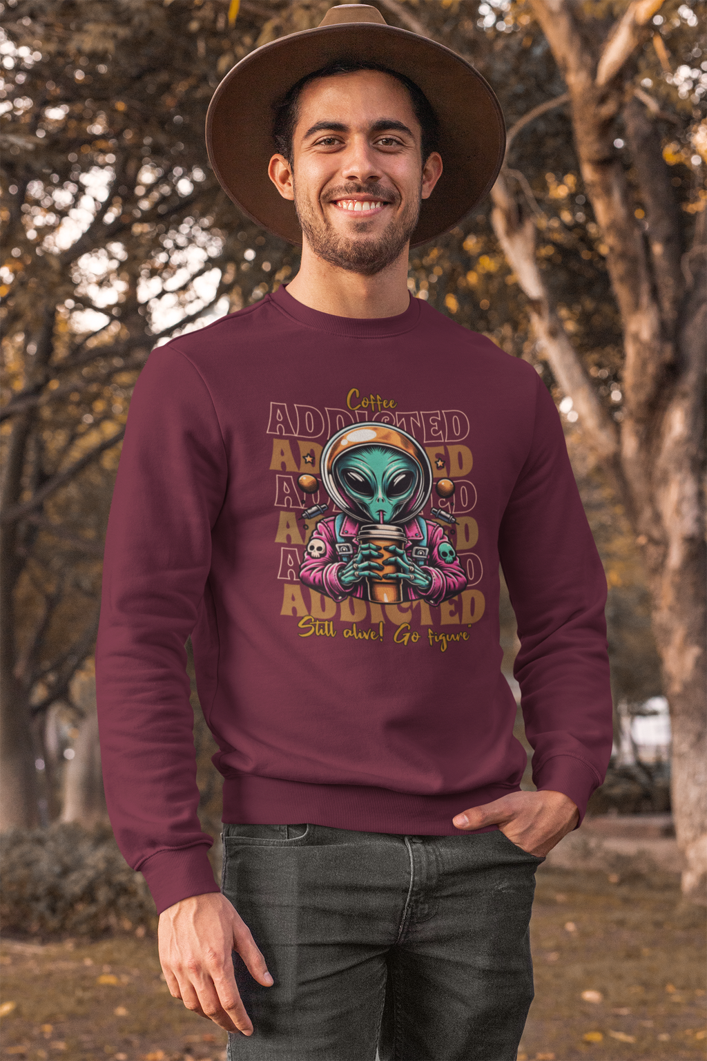 Coffee Addicted Alien Crewneck Sweatshirt – Graphic Space Coffee Lover Pullover