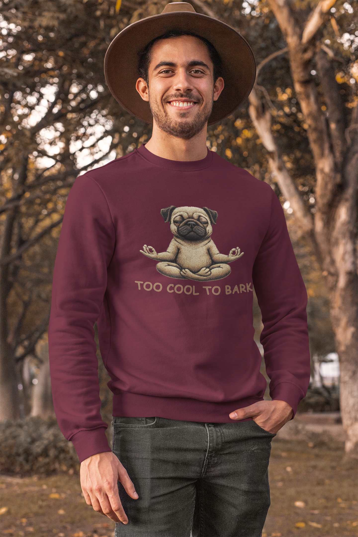 Pug Yoga Sweatshirt – "Too Cool to Bark" Cozy Crewneck