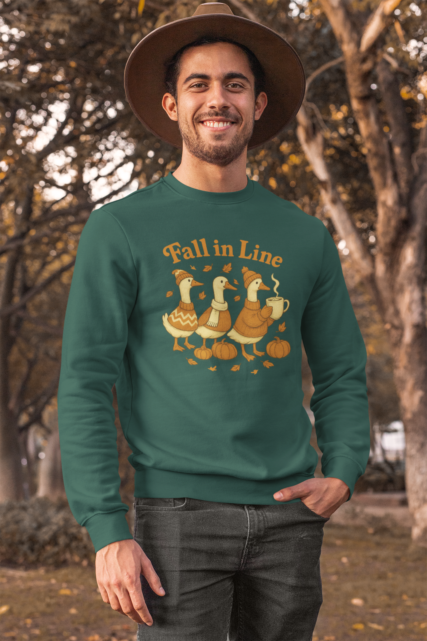 Autumn Vibes Crewneck Sweatshirt - 'Fall in Line' Goose Design