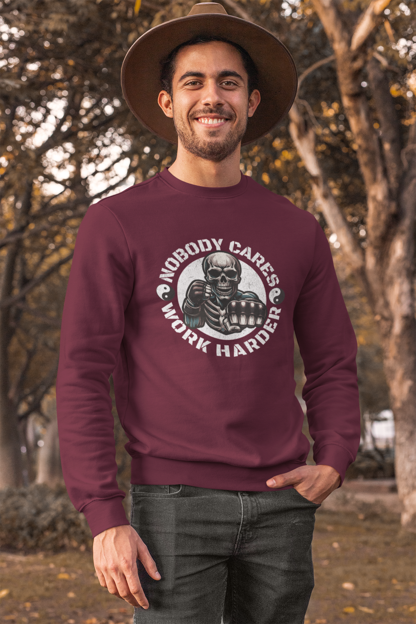 Nobody Cares Work Harder Sweatshirt — Skull Fist Motivational Crewneck