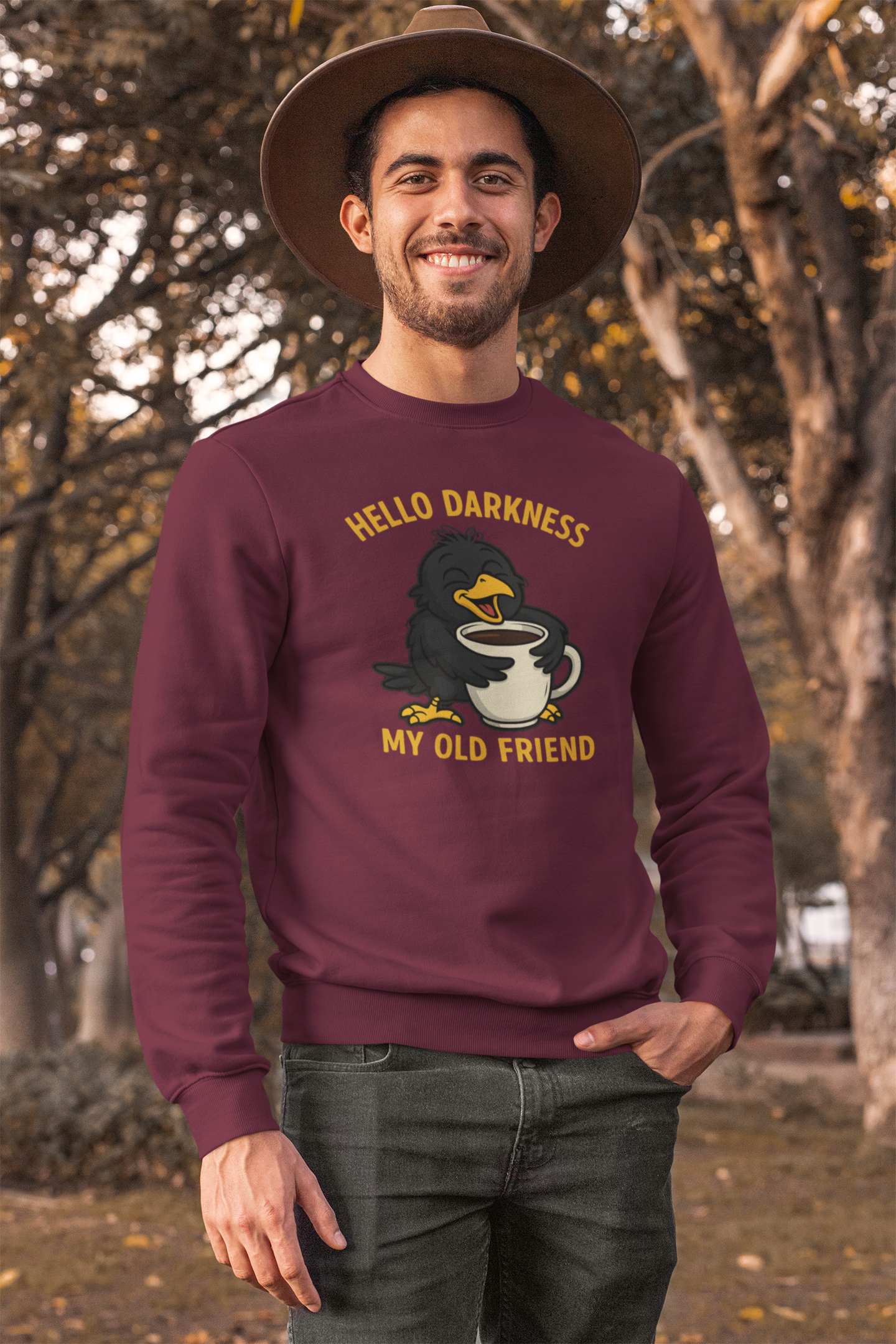 Coffee Crow Sweatshirt — "Hello Darkness My Old Friend" Cozy Pullover