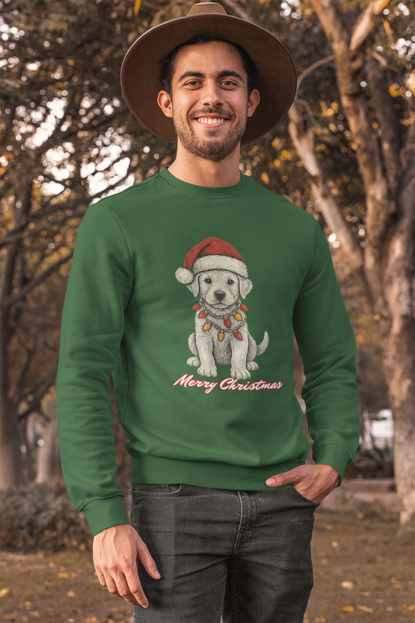 Christmas Puppy Sweatshirt – 'Merry Christmas' Labrador in Santa Hat Crewneck