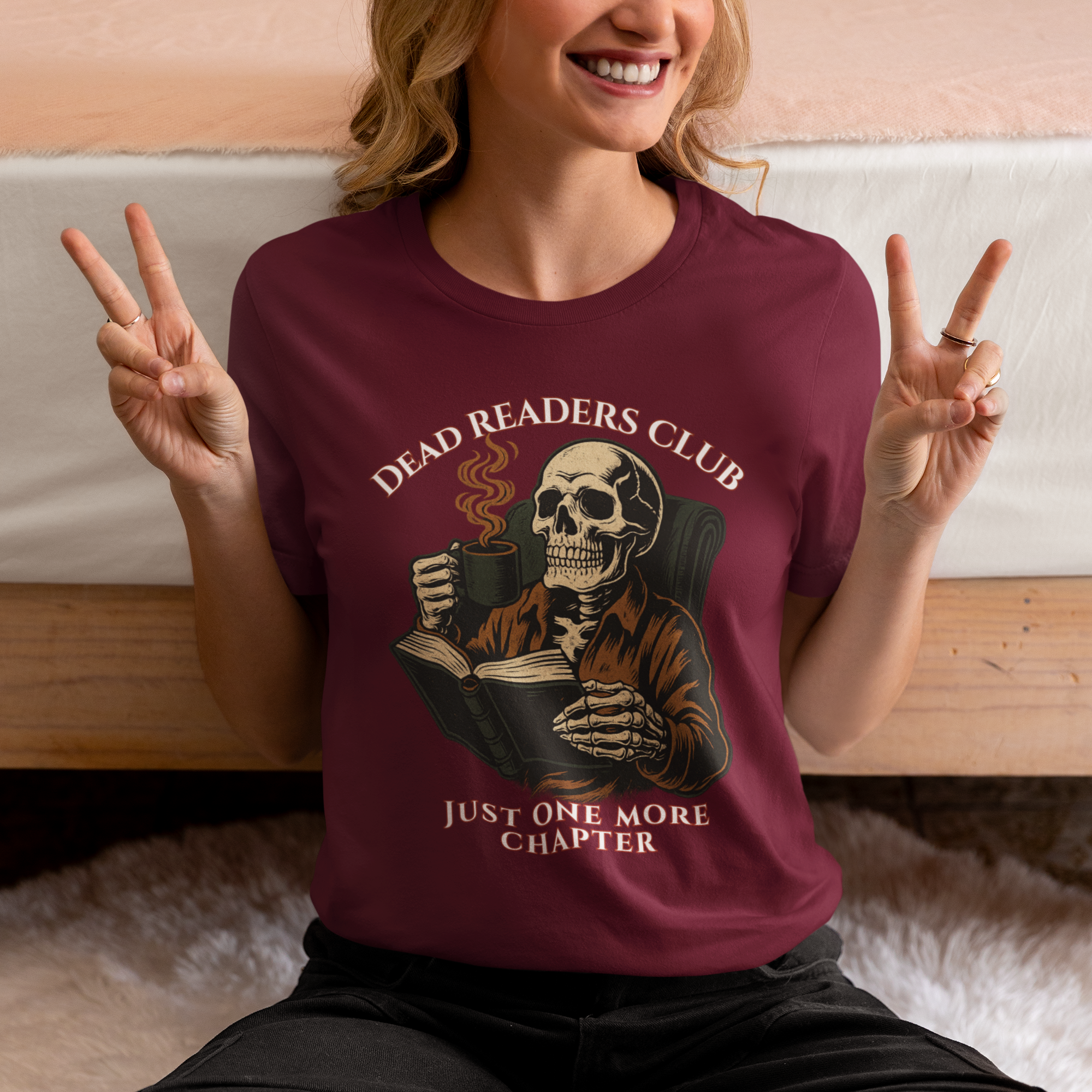 Dead Readers Club T-Shirt — 'Just One More Chapter' Skeleton Reading Tee