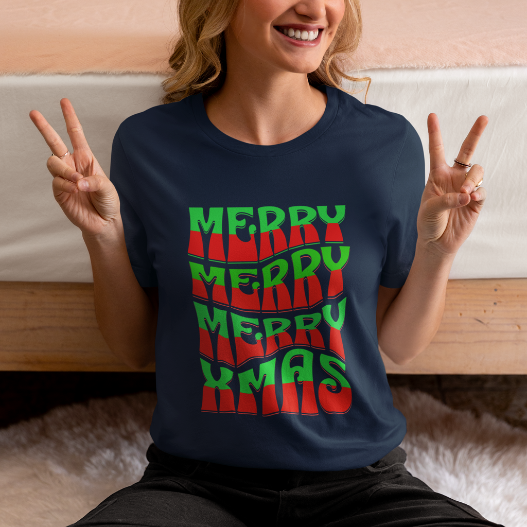Merry Merry Merry Xmas T-Shirt — Retro Wavy Christmas Tee