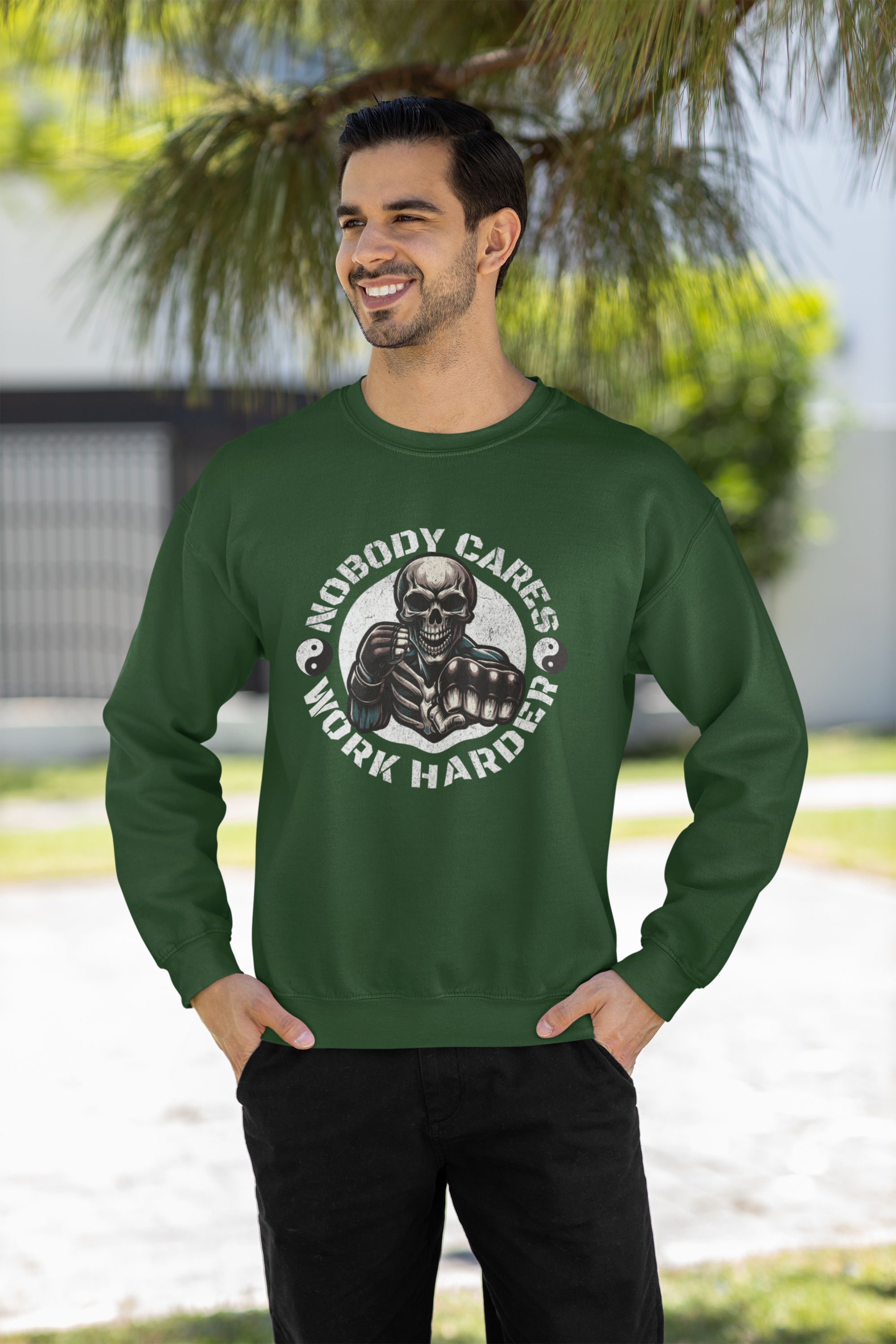 Nobody Cares Work Harder Sweatshirt — Skull Fist Motivational Crewneck