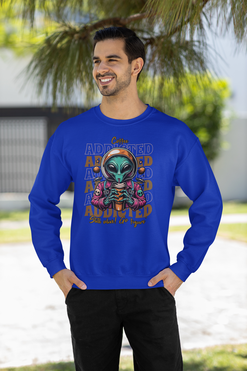 Coffee Addicted Alien Crewneck Sweatshirt – Graphic Space Coffee Lover Pullover