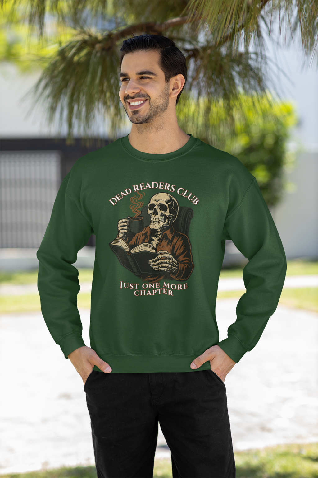Crewneck Sweatshirt — "Dead Readers Club: Just One More Chapter" Skull Book Lover Graphic