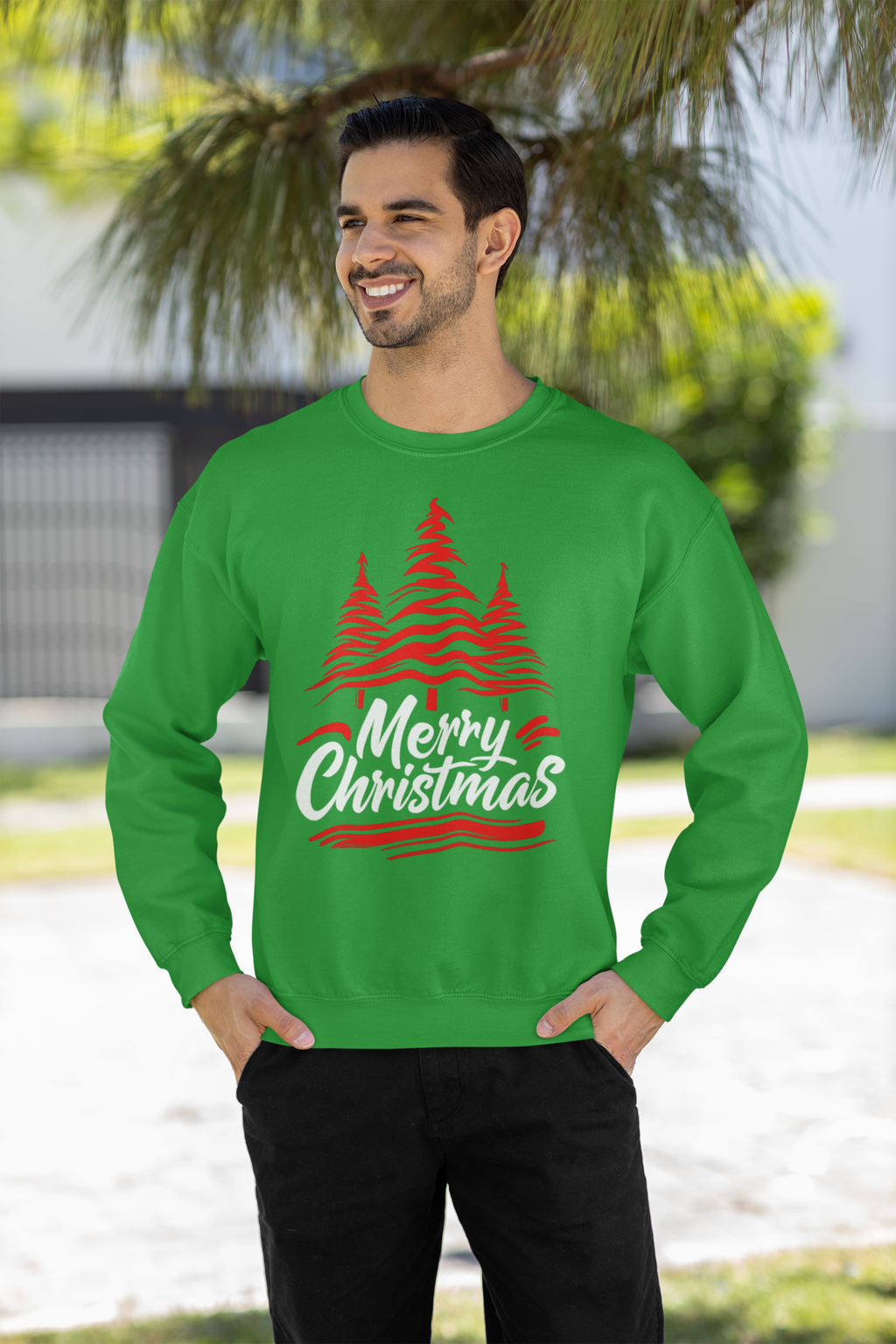 Merry Christmas Crewneck Sweatshirt — Red Tree Holiday Sweatshirt