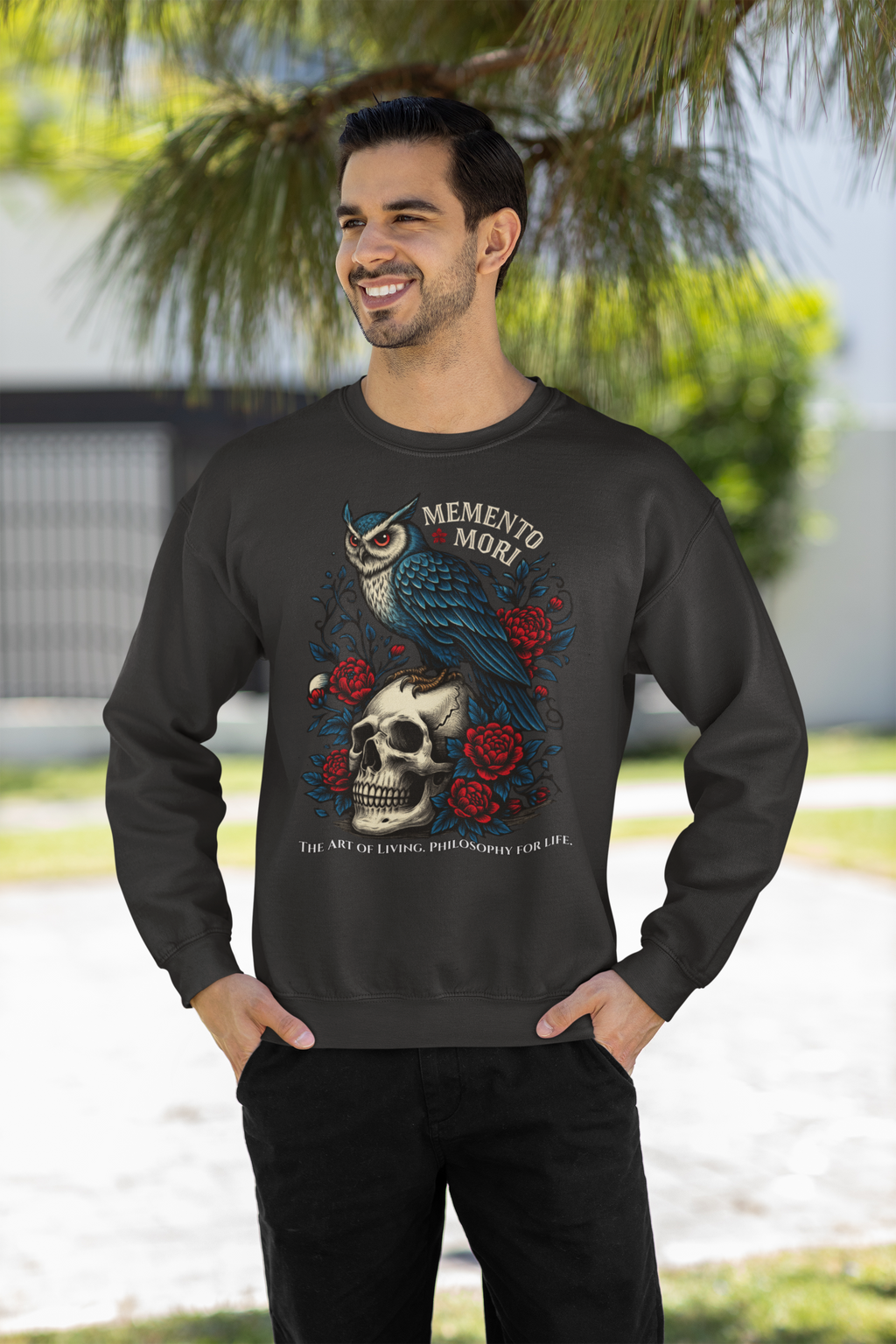 Memento Mori Sweatshirt – Gothic Owl and Skull Sweater, Dark Academia Aesthetic, Philosophy Clothing, Vintage Tattoo Art Pullover, Gothic Gift