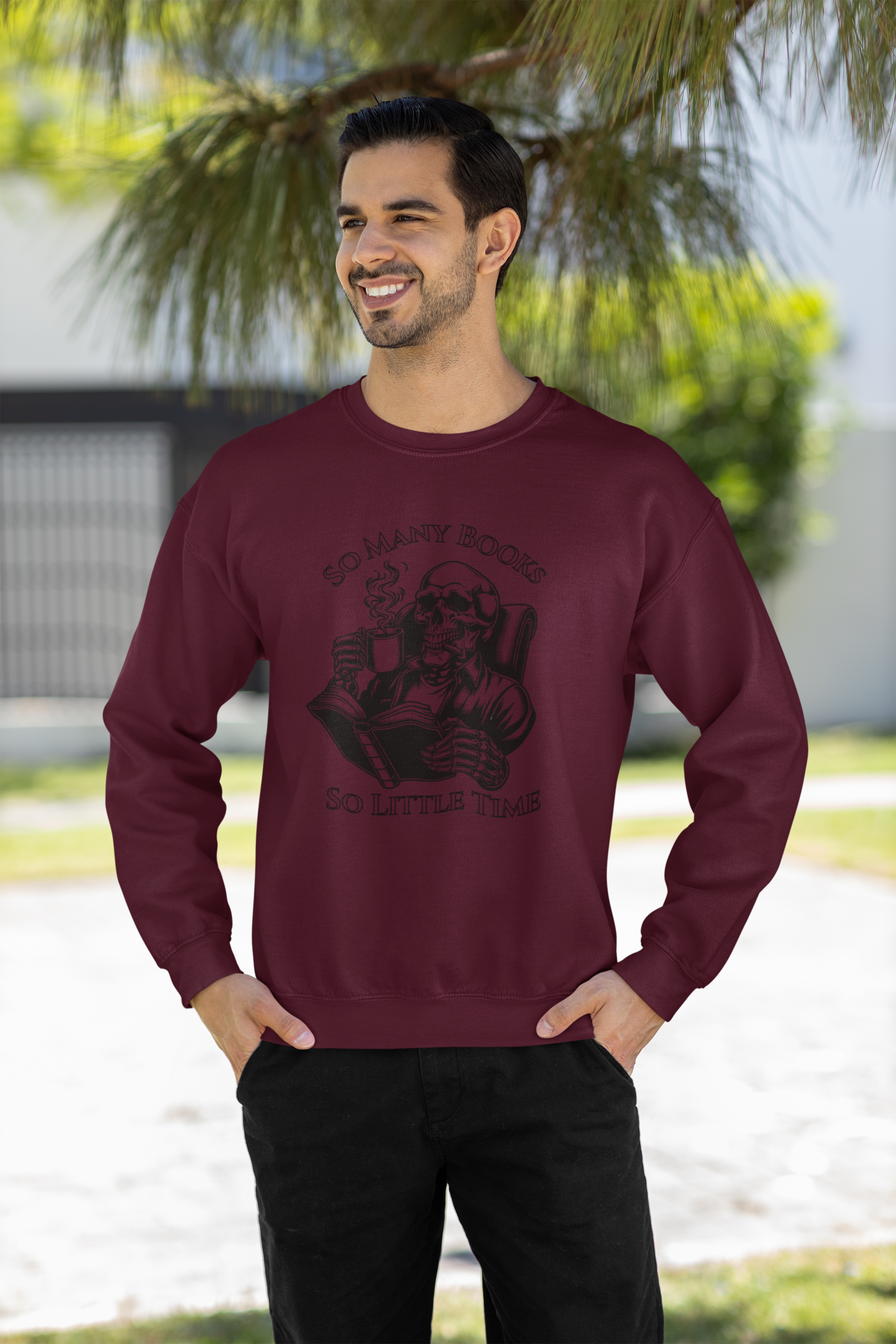 Reading Skull Crewneck Sweatshirt — "So Many Books, So Little Time"