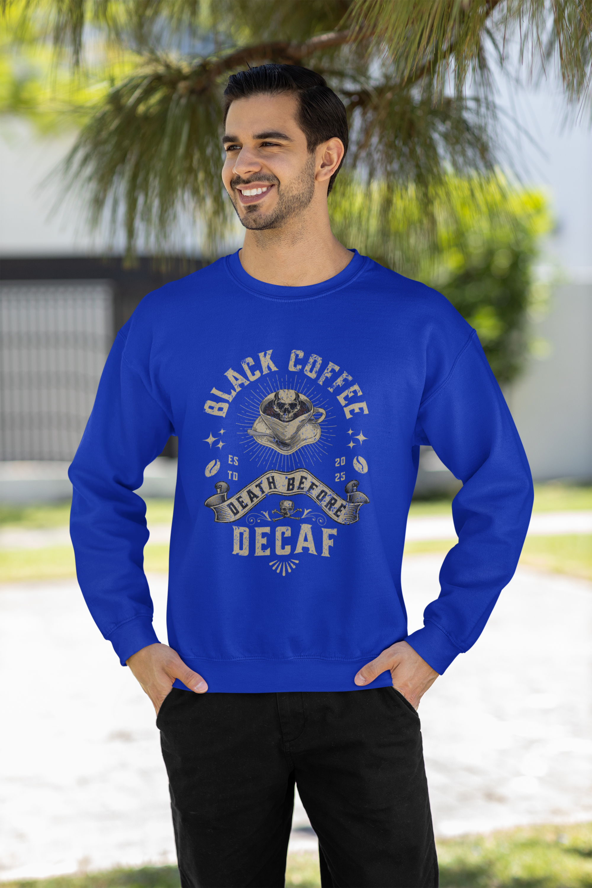 Decaf Black Coffee Crewneck Sweatshirt — Vintage Coffee Lover Pullover