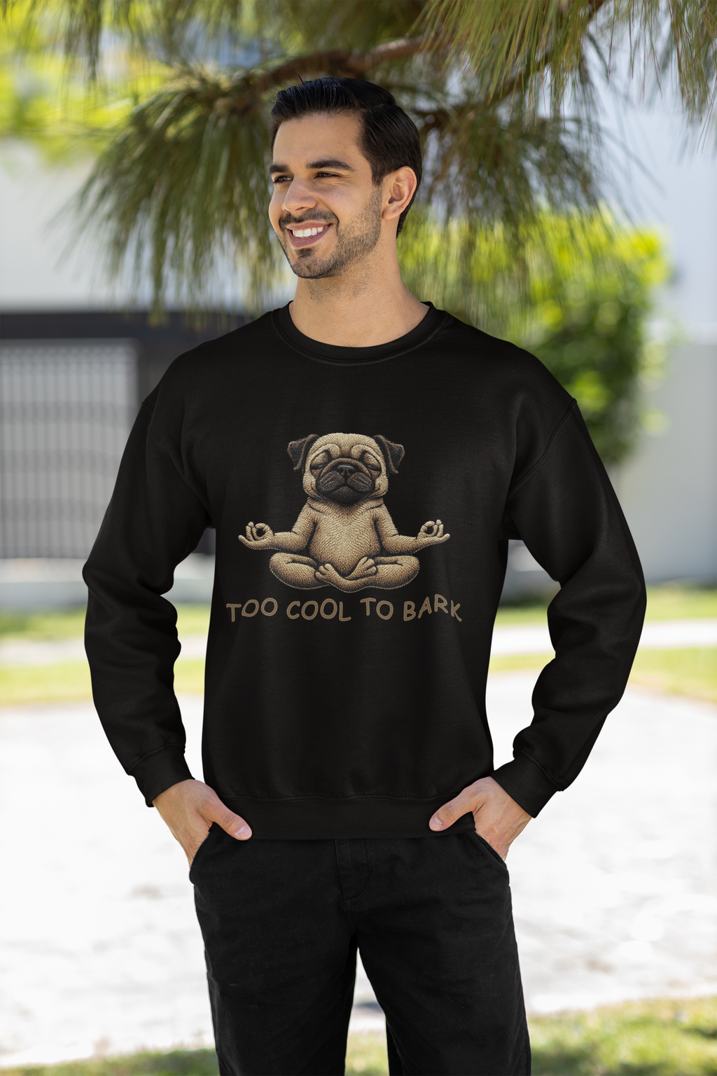 Pug Yoga Sweatshirt – "Too Cool to Bark" Cozy Crewneck