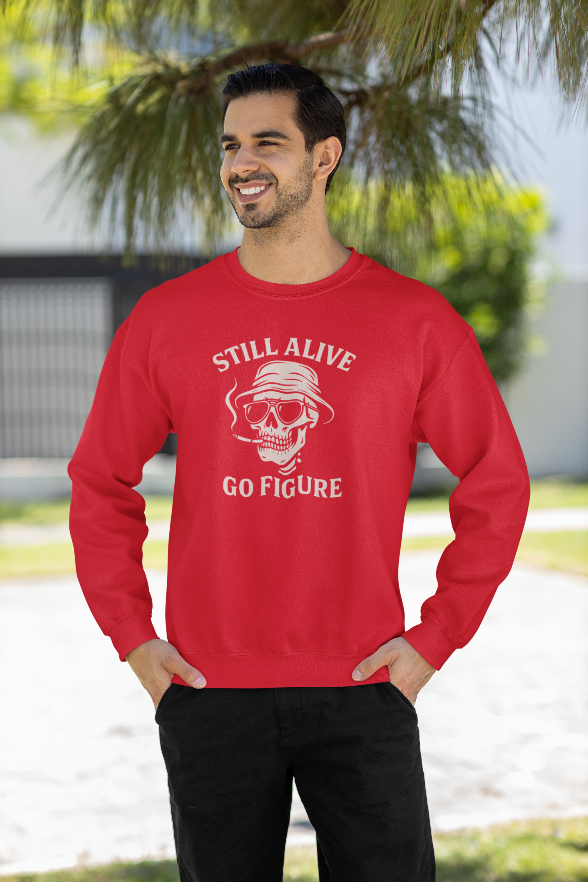 Crewneck Sweatshirt — "Still Alive Go Figure" Skull Vintage Graphic