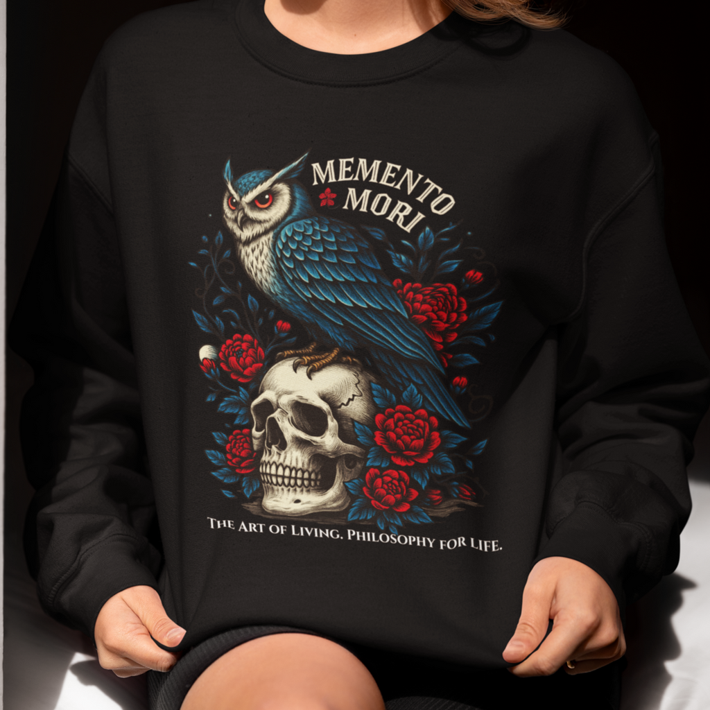 Memento Mori Sweatshirt – Gothic Owl and Skull Sweater, Dark Academia Aesthetic, Philosophy Clothing, Vintage Tattoo Art Pullover, Gothic Gift
