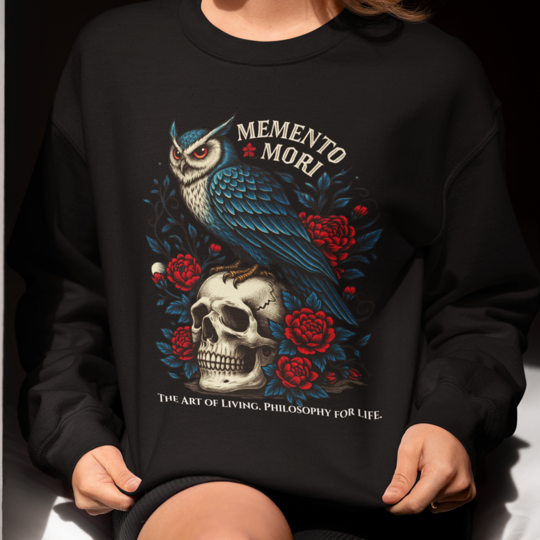 Memento Mori Sweatshirt – Gothic Owl and Skull Sweater, Dark Academia Aesthetic, Philosophy Clothing, Vintage Tattoo Art Pullover, Gothic Gift