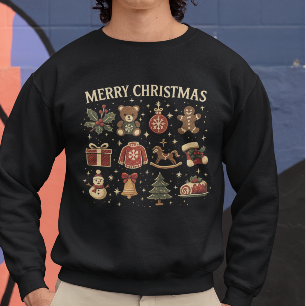 Christmas Icons Crewneck Sweatshirt — "Merry Christmas" Holiday Graphic