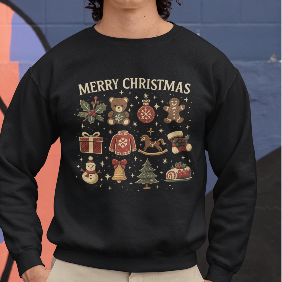 Christmas Icons Crewneck Sweatshirt — "Merry Christmas" Holiday Graphic