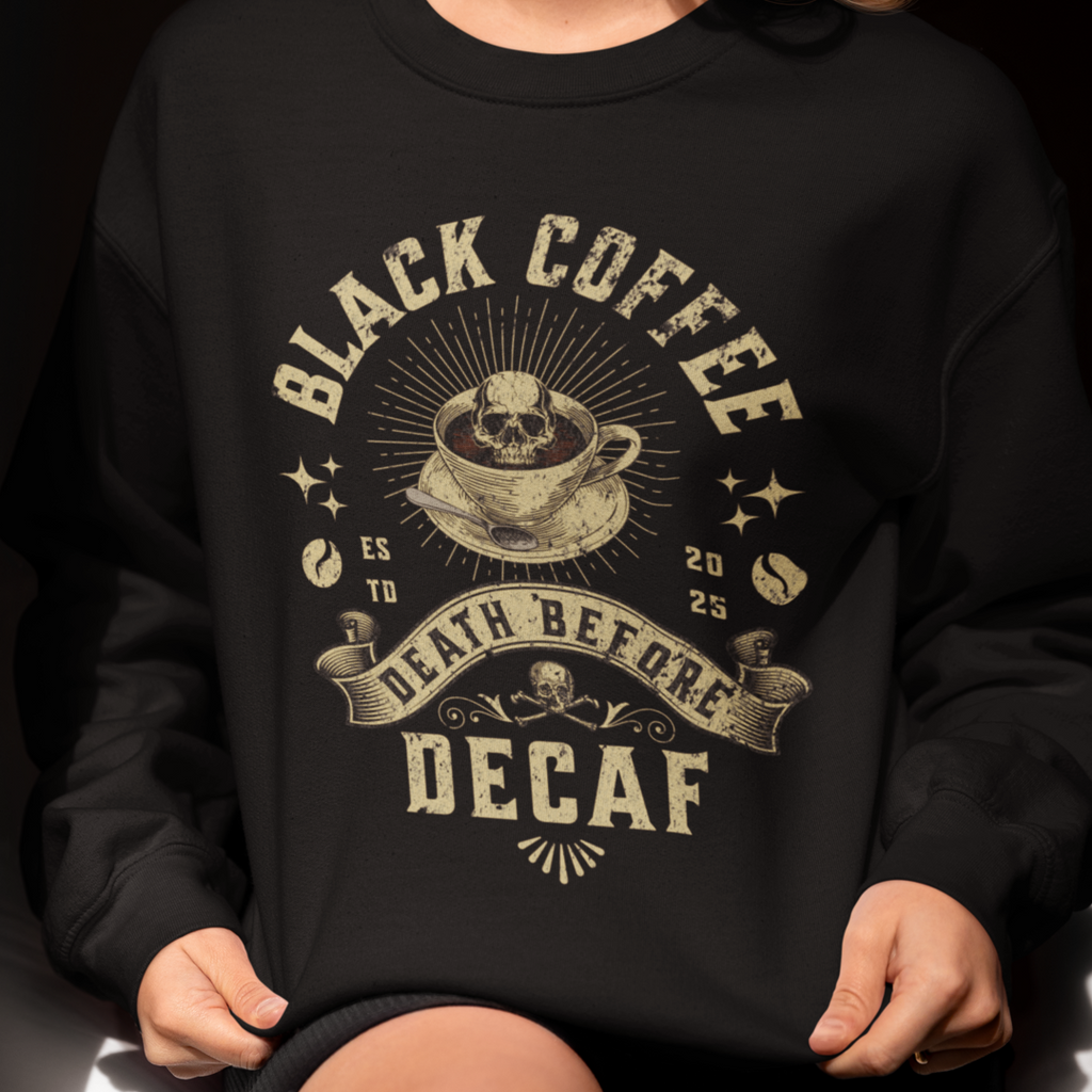 Decaf Black Coffee Crewneck Sweatshirt — Vintage Coffee Lover Pullover