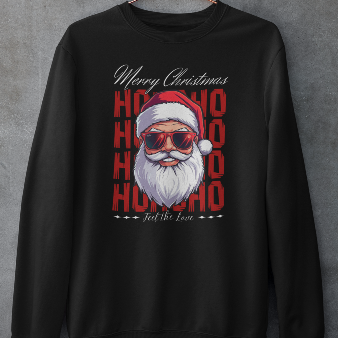 Christmas Santa Crewneck Sweatshirt — "Ho Ho Ho" Sunglasses Santa Holiday Jumper