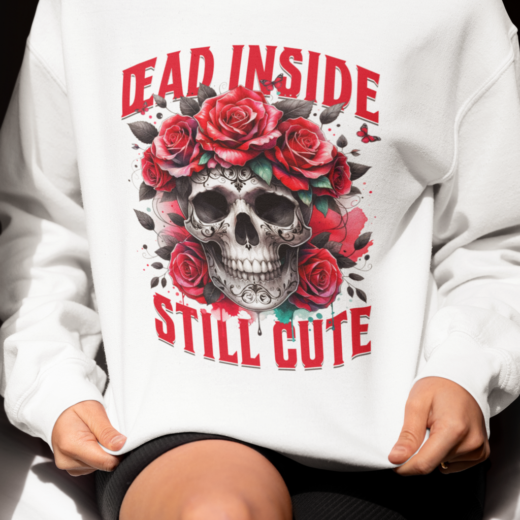 Dead Inside Still Cute Sweatshirt – Gothic Skull Rose Sweater, Dark Feminine Aesthetic Clothing, Alternative Cute Goth Pullover, Funny Goth Gift