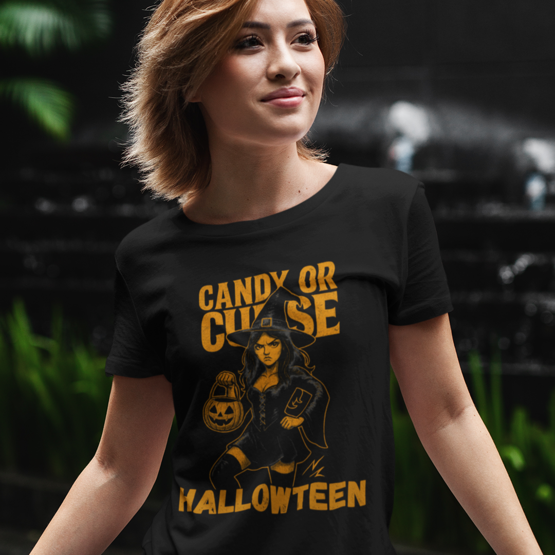 Halloween Unisex Heavy Cotton Tee, Spooky Costume Shirt, Candy or Curse T-Shirt, Witch Graphic Tee, Fall Festive Apparel