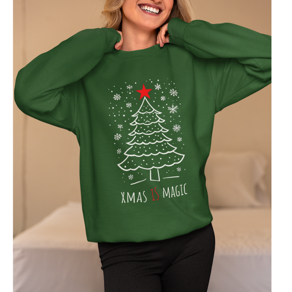 Christmas Tree Crewneck Sweatshirt — "Xmas Is Magic" Holiday Pullover