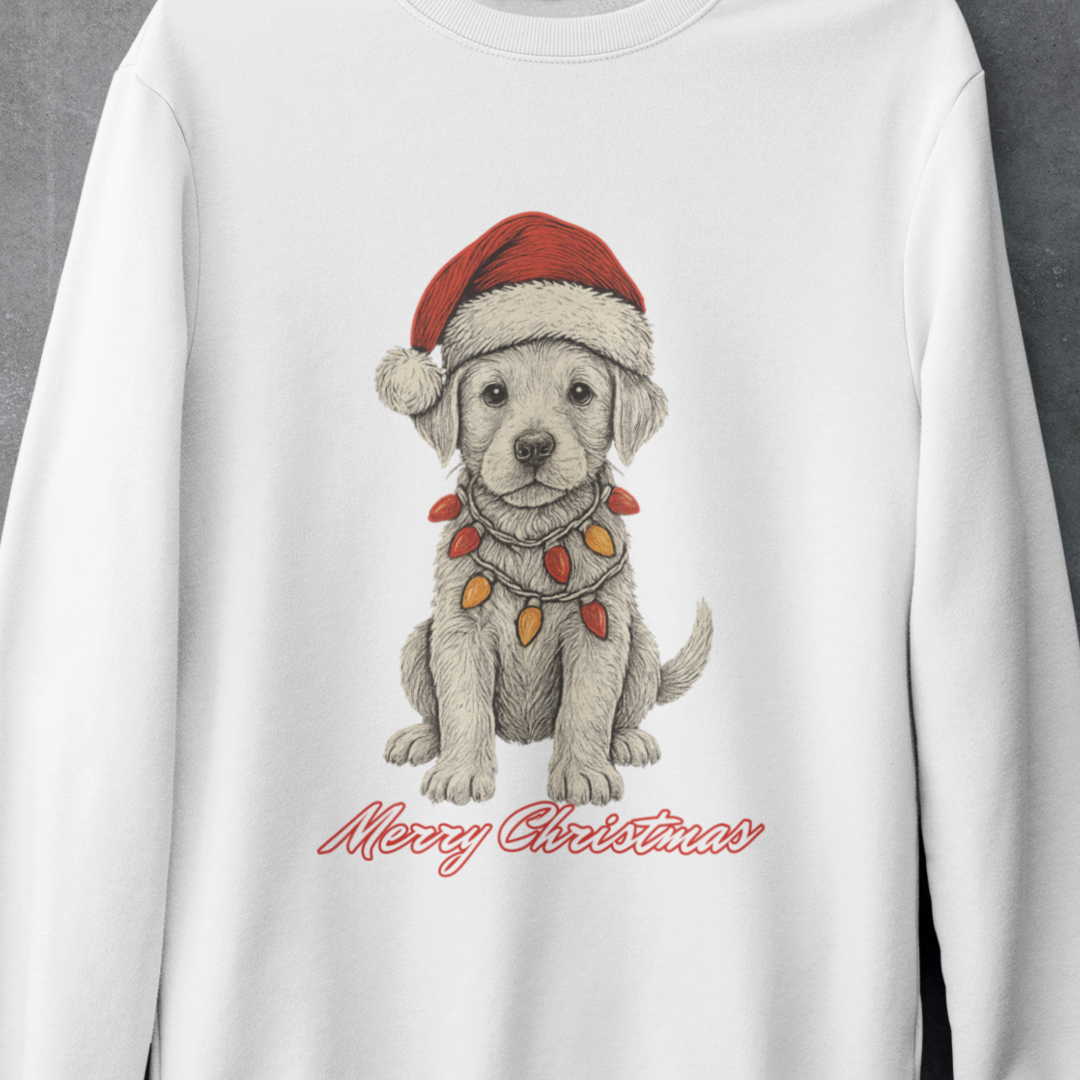 Christmas Puppy Sweatshirt – 'Merry Christmas' Labrador in Santa Hat Crewneck