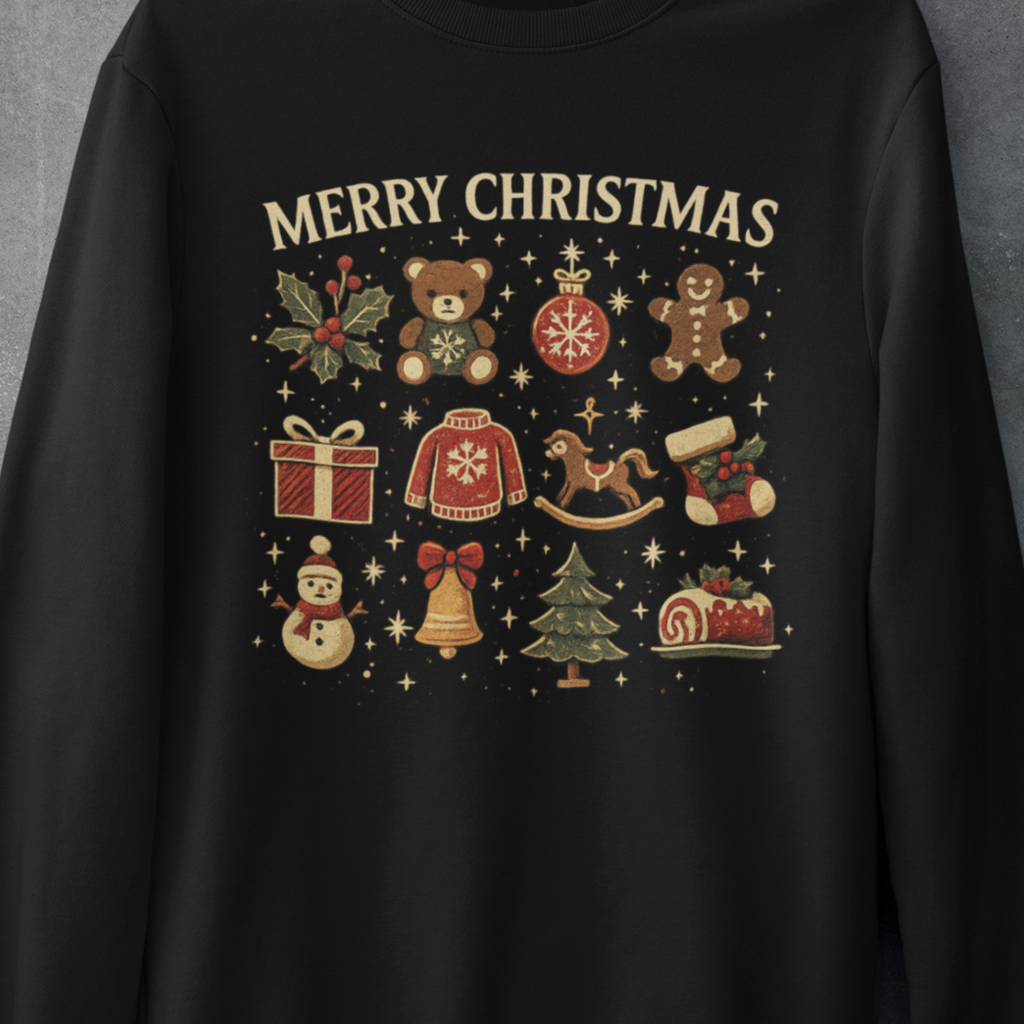 Christmas Icons Crewneck Sweatshirt — "Merry Christmas" Holiday Graphic