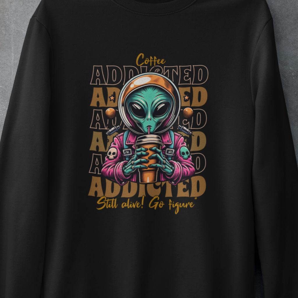 Coffee Addicted Alien Crewneck Sweatshirt – Graphic Space Coffee Lover Pullover