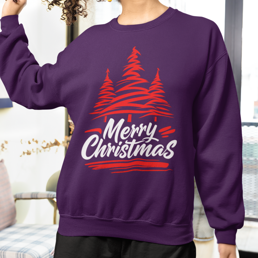 Merry Christmas Crewneck Sweatshirt — Red Tree Holiday Sweatshirt