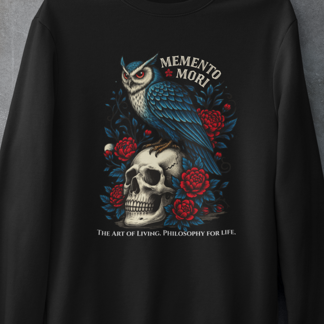 Memento Mori Sweatshirt – Gothic Owl and Skull Sweater, Dark Academia Aesthetic, Philosophy Clothing, Vintage Tattoo Art Pullover, Gothic Gift