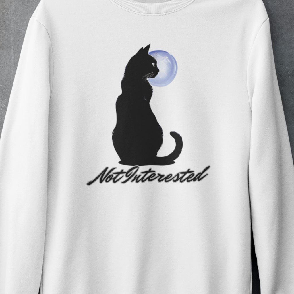 Cat Silhouette Moon Crewneck Sweatshirt – "Not Interested" Graphic