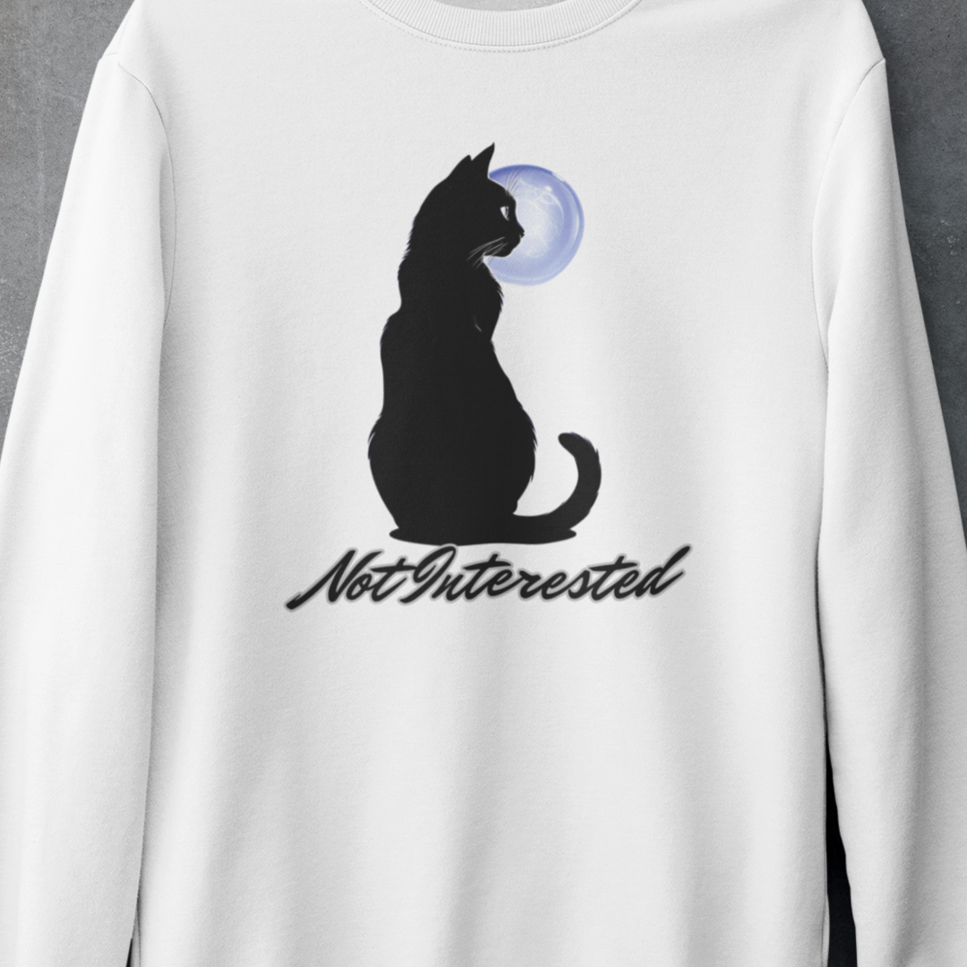 Cat Silhouette Moon Crewneck Sweatshirt – "Not Interested" Graphic