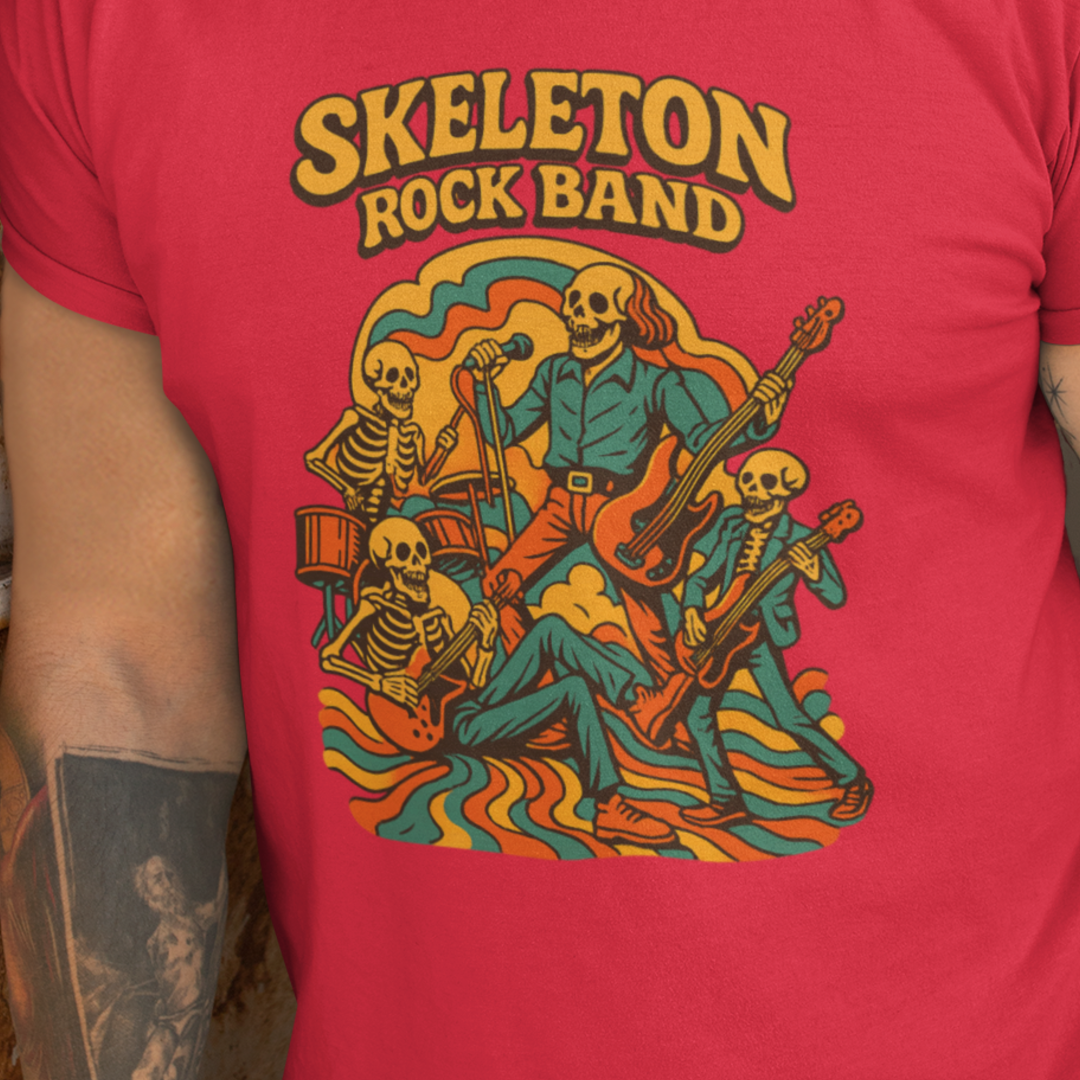 Retro Skeleton Rock Band Tee, Unisex Heavy Cotton Shirt, Halloween Costume, Music Lover Gift, Fun Graphic T-Shirt, Vintage Style Tee