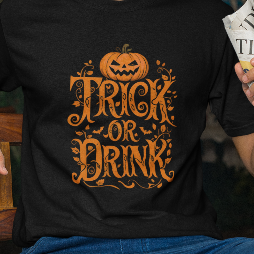 Halloween Trick or Drink Tee, Unisex Party Shirt, Fall Festival Apparel, Spooky Season Clothing, Autumn Celebration Top
