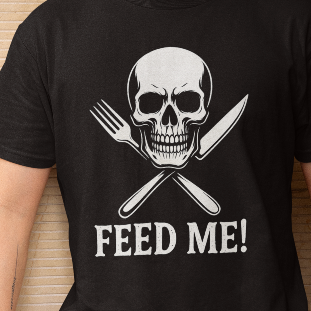 Skull & Fork Unisex Heavy Cotton Tee - Feed Me Graphic Shirt, Halloween Apparel, Casual Wear, Gift for Food Lovers, Trendy T-Shirt