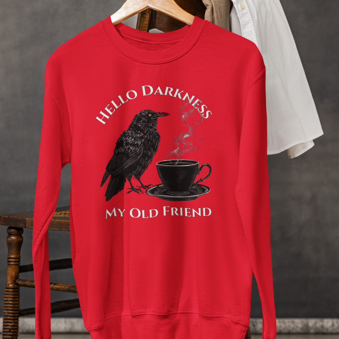 Raven Coffee Crewneck Sweatshirt — "Hello Darkness My Old Friend" Vintage Gothic Tee